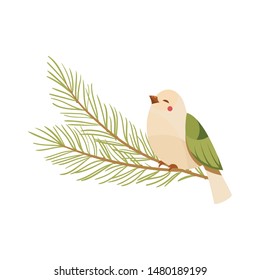 Merry Christmas and Happy New Year. Bird and pine tree. Cartoon styled illustration.Vector design element.