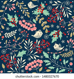 Merry Christmas, Happy New Year seamless pattern with birds, holly leaves and berries for greeting cards, wrapping papers. Seamless winter pattern. Vector illustration.