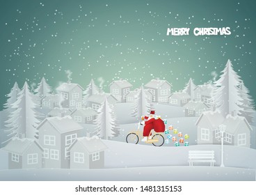 Merry Christmas and Happy New Year with Santa Claus  ride a bicycle with a gift bag through to Urban countryside city in winter season,paper art Illustration style