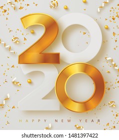 Merry Christmas and Happy new year 2020 banner with golden luxury numbers and serpentine. Gold Festive Numbers Design. Vector illustration