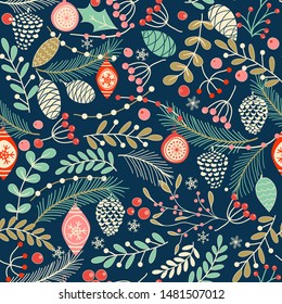 Merry Christmas, Happy New Year seamless pattern with toys, fir cone, holly leaves and berries for greeting cards, wrapping papers. Seamless winter pattern. Vector illustration.