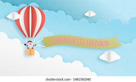 Merry Christmas and Happy new year greeting card in paper cut style. Vector illustration Christmas celebration background with Santa Claus in hot air balloon. Banner, flyer, poster, wallpaper, 