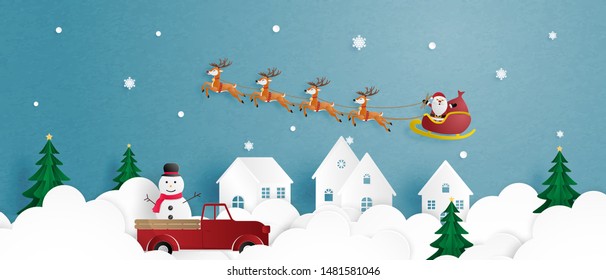 Merry Christmas and Happy new year greeting card in paper cut style. Vector illustration Christmas celebration background with Santa Claus and reindeer. Banner, flyer, poster, wallpaper, template.