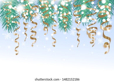 Merry Christmas and Happy New Year Holiday banner. Vector sparkling design with serpentine, confetti, snow and pine tree branches. Horizontal christmas poster, greeting cards, headers, website.