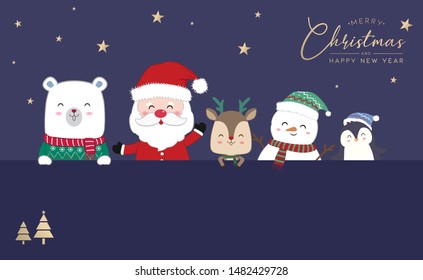 Merry Christmas and Happy New Year winter holidays with Santa Claus, Snowman, Reindeer, Polar bear and Penguin. Cute Vector illustration