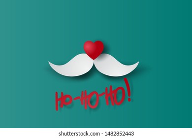 Merry Christmas and Happy New Year Typographic HO! on red Background. Santa Claus hipster beard and Heart nose with card.Vintage calligraphic minimal poster design for xmas. Paper cut and craft.vector