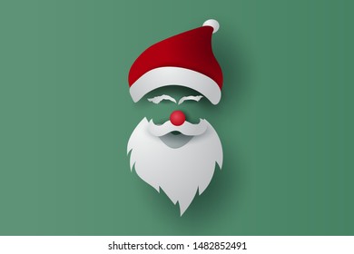 Merry Christmas and Happy New Year mask on isolate Background. Santa Claus hipster beard and hat with card.Vintage banner minimal poster design for xmas. Creative paper cut and craft style.vector.