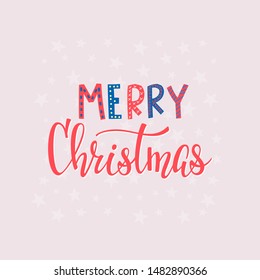 Merry Christmas Happy New Year simple lettering postcard. Calligraphy card sticker graphic design element. Hand written sign. Photo overlay Winter Holidays vector. Festive Santa stars colorful joy
