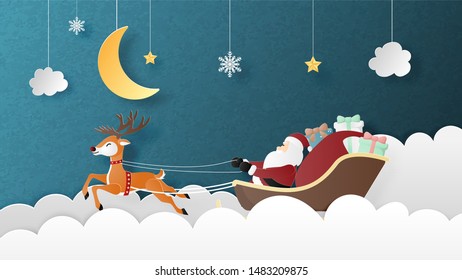 Merry Christmas and Happy new year greeting card in paper cut style. Vector illustration Christmas celebration background with Santa Claus and reindeer. Banner, flyer, poster, wallpaper, 