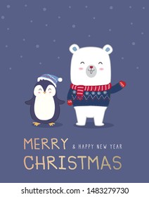 Merry Christmas and Happy New Year winter holidays with Polar bear & Penguin. Cute Vector illustration