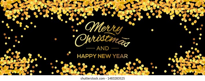 Merry Christmas and Happy New Year horizontal banner with golden confetti, glitter on black background, vector illustration