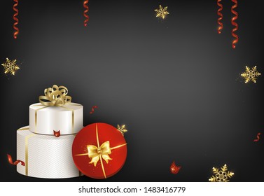 Merry Christmas and Happy New Year dark background with gifts, shining snowflakes, confetti. Christmas sale banner. Vector illustrations.