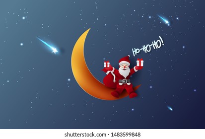 Merry Christmas and Happy new year of Santa claus Hold a gift box.Half moon and star with Mystical Night sky fantasy background.Moonlight at night sweet dream.Creative paper cut and craft.vector EPS10