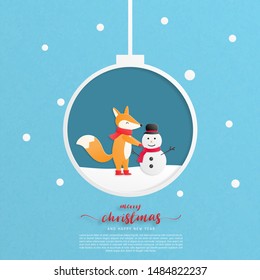 Merry Christmas and Happy new year greeting card. A happy child fox make a snowman in paper cut style. Vector illustration Christmas celebration background. Banner, flyer, poster, wallpaper, template.