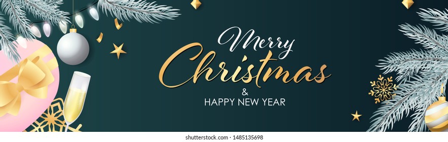 Merry Christmas and Happy New Year banner with sparkling silver light bulbs, presents and champagne glass on dark turquoise background. Lettering can be used for posters, leaflets, announcements