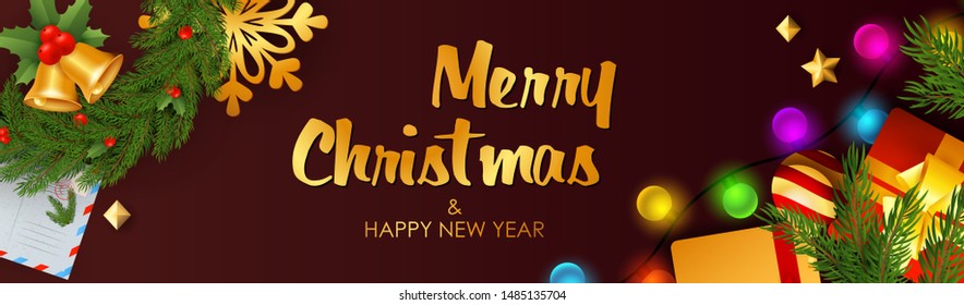 Merry Christmas and Happy New Year banner with presents, fir branch and jingle bells on dark red background. Lettering can be used for posters, leaflets, announcements