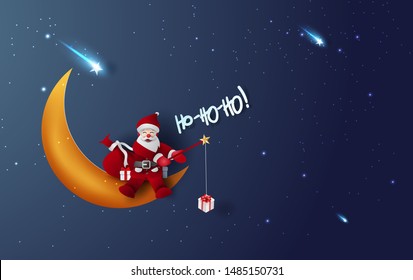 Merry Christmas and Happy new year of Santa Claus fishing rod Holding a  gift box. Paper cut and craft. VECTOR