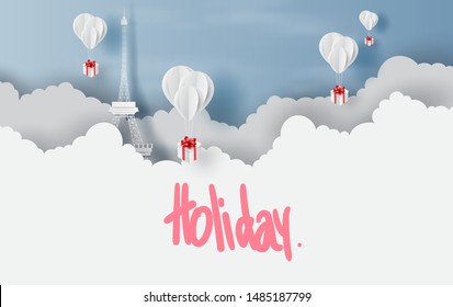 Merry Christmas and Happy new year with balloons gift box fly on air sky concept.Holiday festival party view  Eiffel Tower Paris.Scene place of your text for card and poster.Paper cut and craft.vector