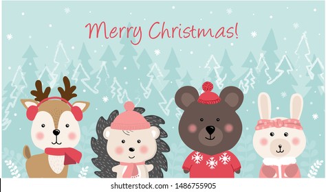 Merry Christmas and happy New year. Christmas Cute Animals Character.  Bear, Rabbit, hedgehog and deer in forest scene. Winter landscape.