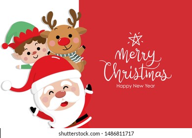 Merry Christmas and happy new year greeting card with Santa Claus, reindeer, and little elf. Cute holiday cartoon character vector.