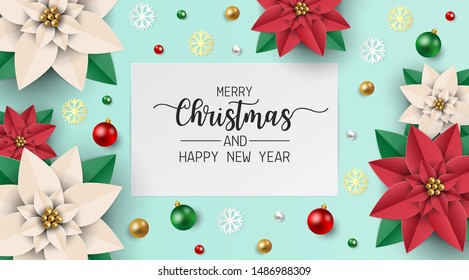 Merry christmas and happy new year greeting card, postcard, poster with balls, red poinsettia flowers and snow on mint green background. Vector illustration