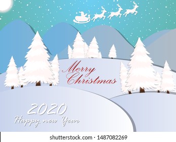 Merry Christmas and Happy New Year. Illustration of Santa Claus on the sky coming to City ,paper art and digital craft style