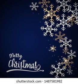 Merry christmas and Happy new year postcard. Abstract sparkling gold and white snowflake with Christmas calligraphy on dark blue background