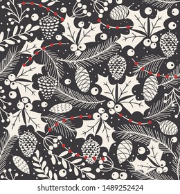 Merry Christmas, Happy New Year seamless pattern with fir cone, holly leaves and berries for greeting cards, wrapping papers. Seamless winter pattern. Vector illustration.