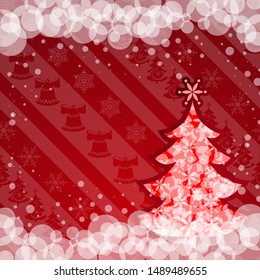 Merry Christmas and Happy New Year! Red festive background with white snowflakes in the form of a tree.