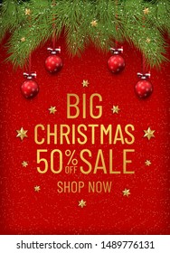 Merry Christmas and Happy New Year sale banner. Christmas tree border with golden decorations. Business flyer