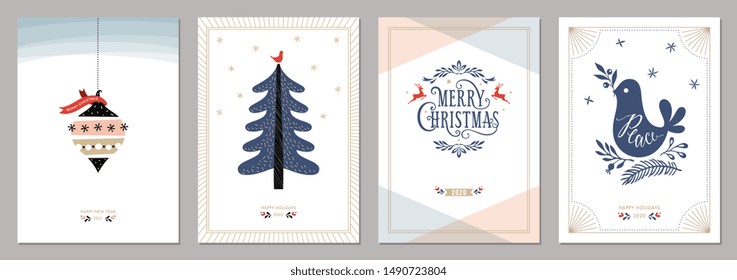 Merry Christmas and Happy New Year greeting cards set. Vector illustration.