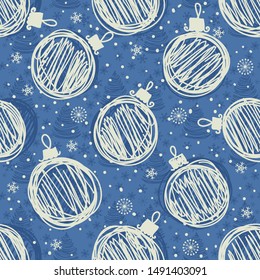 Merry Christmas, Happy New Year seamless pattern with balls for greeting cards, wrapping papers. Doodles. Seamless colorful winter pattern. Vector illustration.