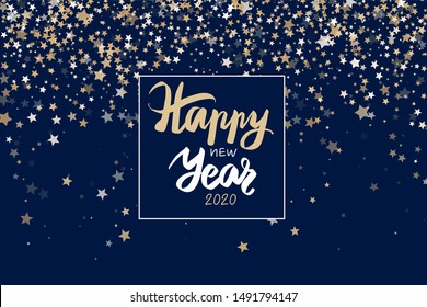 Merry Christmas and Happy New Year Holiday banner. Vector sparkling design with golden stars and handwritten lettering. Horizontal christmas poster, greeting cards, headers, website.