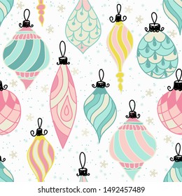 Merry Christmas, Happy New Year seamless pattern with balls and toys for greeting cards, wrapping papers. Doodles. Seamless colorful winter pattern. Vector illustration.
