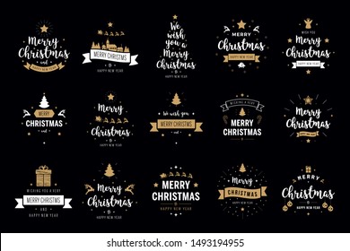 Merry Christmas. Happy New Year, typography lettering badge emblems quotes set collection. Vector logo design for postcard, invitation, greeting card,  poster