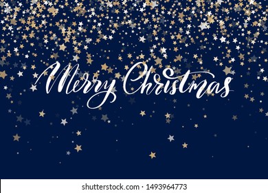 Merry Christmas and Happy New Year Holiday banner. Vector sparkling design with golden stars and handwritten lettering. Horizontal christmas poster, greeting cards, headers, website.
