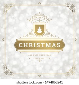 Merry christmas and happy new year text greeting card vintage typographic design, ornate decoration with tree symbol, winter holidays wish, ornament and flourish frame. Vector illustration.