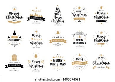Merry Christmas. Happy New Year, typography lettering badge emblems quotes set collection. Vector logo design for postcard, invitation, greeting card,  poster, gift.