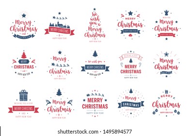 Merry Christmas. Happy New Year, typography lettering badge emblems quotes set collection. Vector logo design for postcard, invitation, greeting card,  poster, gift.