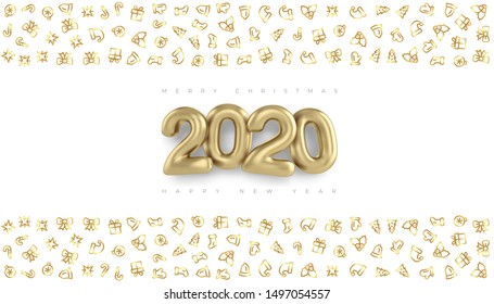 Feliz Navidad y Feliz Año Nuevo 2020 Cartel de diseño vectorial de oro. Fondo de oro, plantilla de tarjetas de felicitación Feliz Navidad y Feliz Año Nuevo 2020. Letras 3D realistas en oro 2020