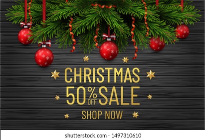 Merry Christmas and Happy New Year sale banner. Christmas tree border with golden decorations on black wood background. Business flyer