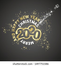 Merry Christmas Happy New Year 2020 firework greeting card gold black vector