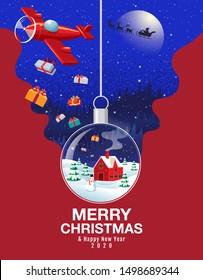 Merry Christmas & happy new year 2020 , snowball, landscape winter, vector illustration.