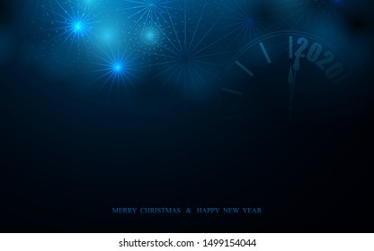 Merry Christmas and Happy New Year postcard. Abstract colored firework with Retro style clock on blue and black background