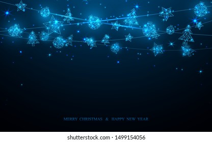 Merry Christmas and Happy New Year postcard. Christmas decoration technology concept on dark blue background