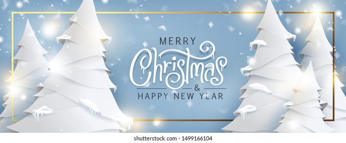 Merry Christmas and Happy New Year background for Greeting cards with christmas tree landscape and snowing paper art style.Merry Christmas vector text Calligraphic Lettering Vector illustration. 