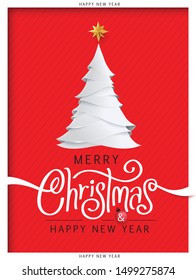 Merry Christmas and Happy New Year background for Greeting cards with christmas tree paper art style. Merry Christmas vector text Calligraphic Lettering Vector illustration. 