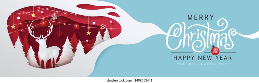 Merry Christmas and Happy New Year background Art paper and crafts for Greeting cards banner. Merry Christmas vector text Calligraphic Lettering Vector illustration. 