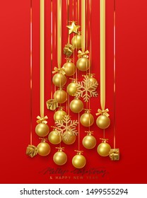 Merry Christmas and Happy New Year. Festive Gold design shape of Xmas tree, red background Christmas golden balls hanging on ribbon, gift boxes and bright glitter snowflakes.