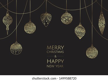 Merry Christmas and Happy New Year. Xmas background with balls.